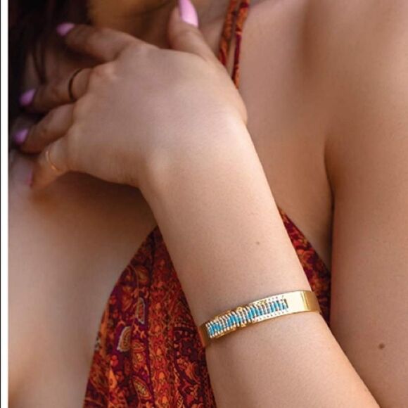 NEW 14K Gold Cuff Bracelet Blue Beaded Womens Gift​ - Picture 2 of 5